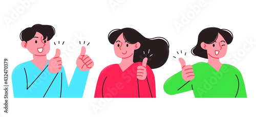 A young man and woman with thumbs up. Business person upper body illustration.