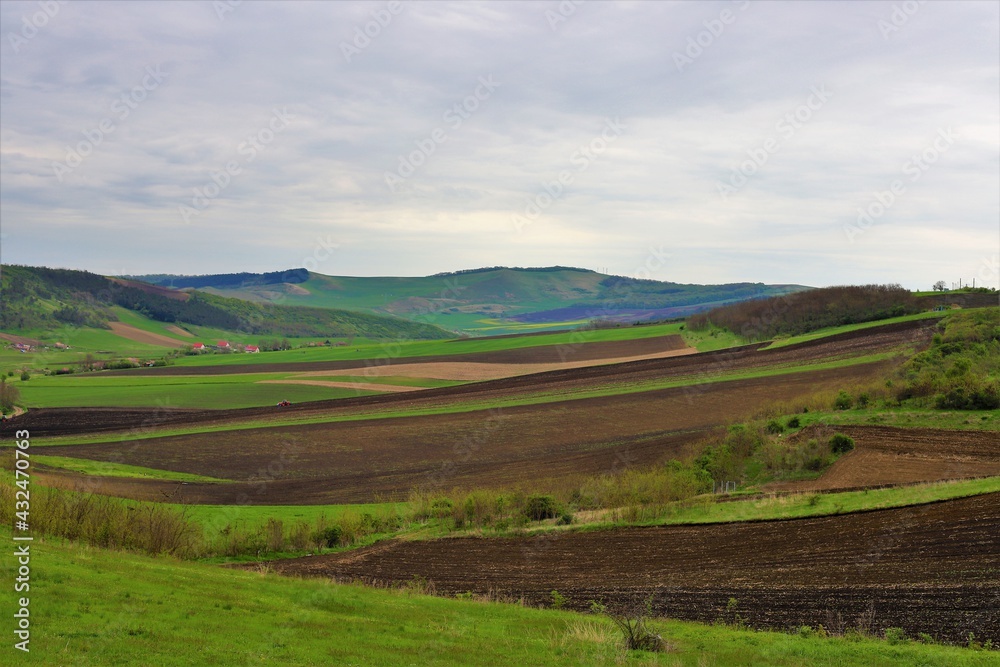 agricultural land between hills in spring