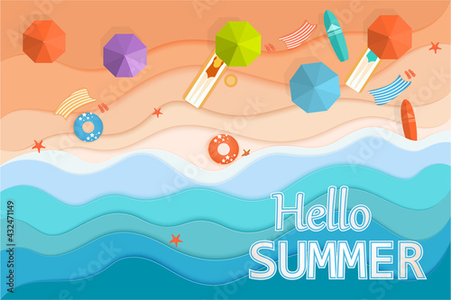Vector poster on the beach theme. Top view of the beach.  Paper cut background.