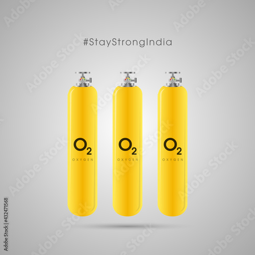 Stay Strong India against COVID-19. Stay strong India hashtag against corona virus. Three cylinders represent oxygen shortage of India. Vector illustration.