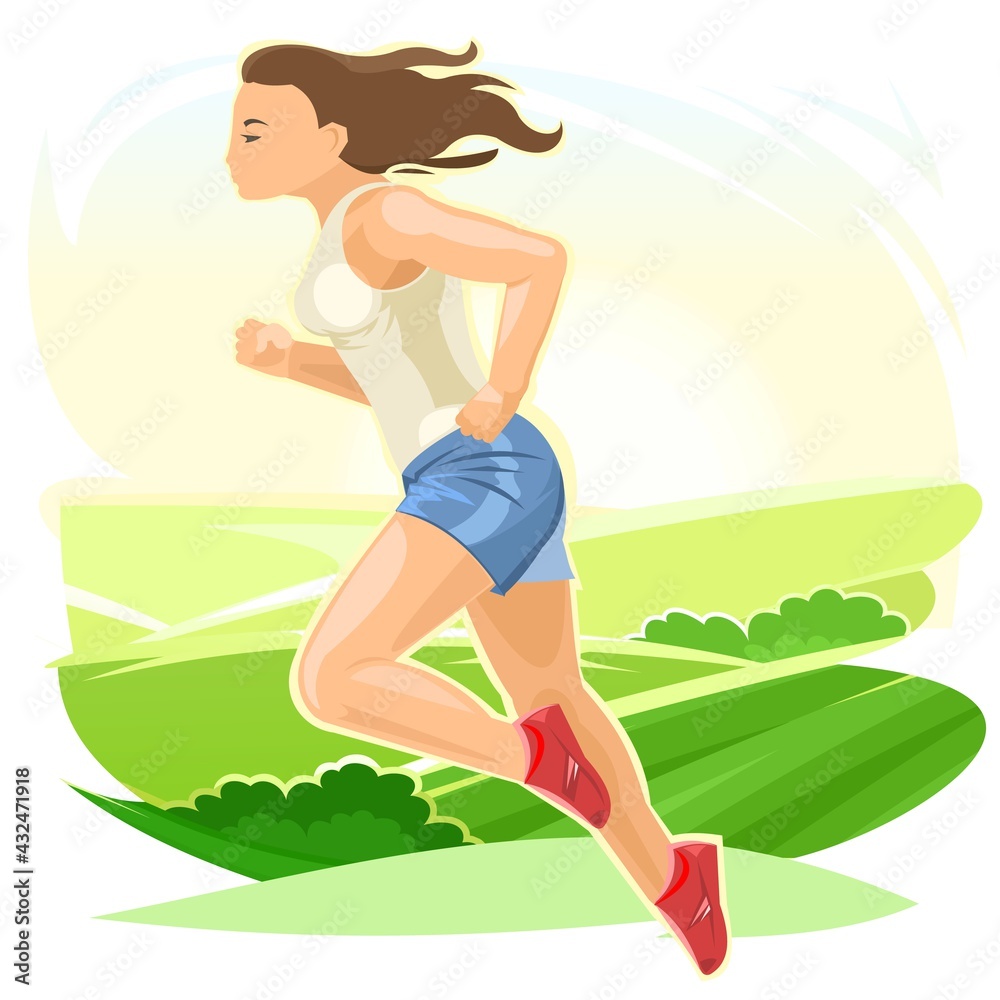 Girl runs. Sports running. Fitness and healthy lifestyle. Flat cartoon style. Woman runner is exercising against the backdrop of the rural landscape. Isolated. Vector