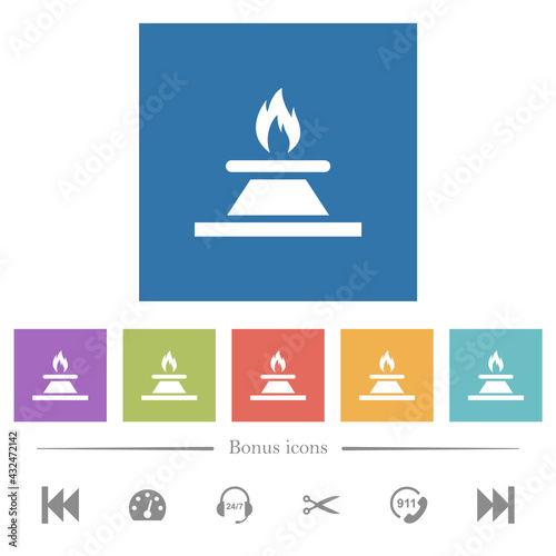 Kitchen gas stove flat white icons in square backgrounds
