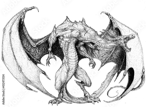 The dragon stands on its hind legs on the ground and prepares to attack. photo