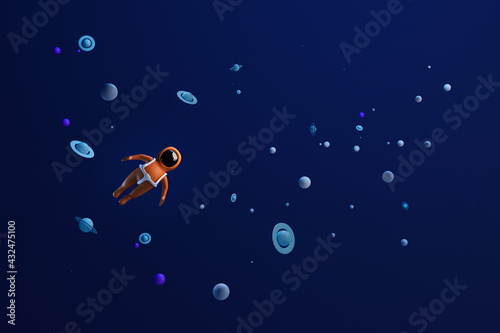 Little astronaut floating in space surrounded by planets on blue background. 3D rendering.