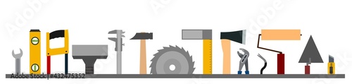 Construction tools. Logo, label. Bottom frame. For work as a painter, carpenter, builder, handyman. Repair and construction services. Sale of tools.