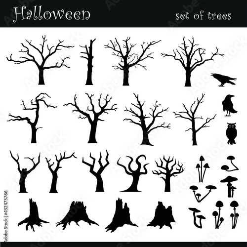 A set of black vector Halloween silhouettes with trees to use as design elements.