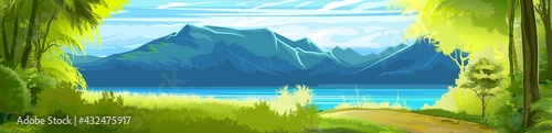 Sea. View from the bank overgrown with trees. Road. Flat style illustration. On the horizon there is a rocky coast with mountains. Cartoon. Vector