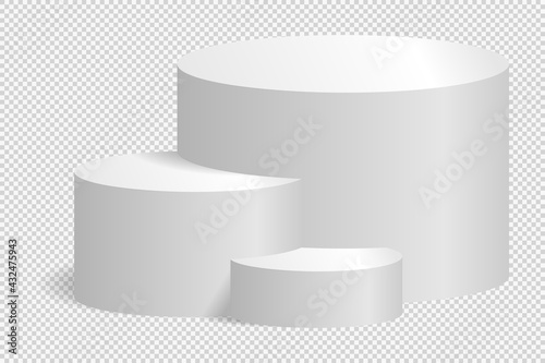 Podium from round elements. Scene for advertising presentation, museum exhibition. Imitation of a transparent background. Vector, 3d, realism.