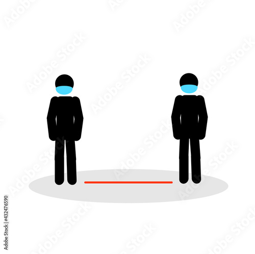 sketch human figurines wearing a surgical or medical face mask support social distancing, prevention of the spread of coronavirus, social isolation, and the concept of safety