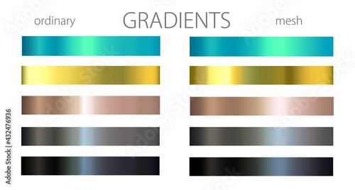 Blue, golden and black gradients. Set or palette. Mesh and regular gradients. Cool shades. For designers. Vector illustration. Holiday colors. Graphic resources. Blue color. White background.