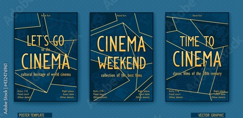 Let's go to the cinema. Ready billboard for the movie theater. Vector linear drawing. Trendy polygonal graphics in comic storyboard style.