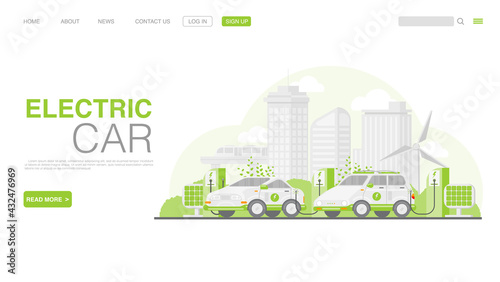 EV Car Or Electric Car At Charging Station. Concept Illustration For Green Environment. Landing Page in Flat Style. Vector EPS 10