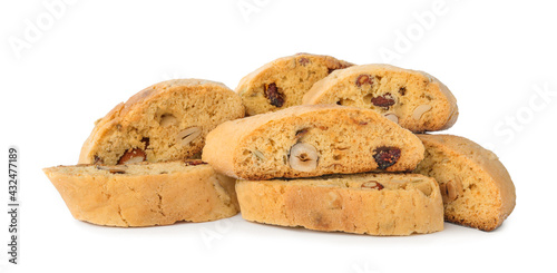 Slices of tasty cantucci with berry and pistachio on white background. Traditional Italian almond biscuits