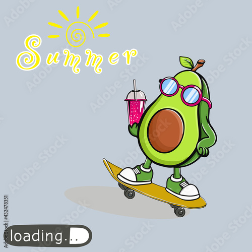 avocado in yellow glasses rides a skateboard with fresh juice