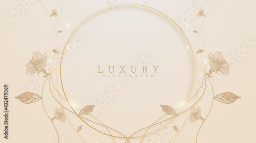 Golden circle line with hand drawn style floral on yellow pastel background. Luxury modern concept. vector illustration about sweet feeling.