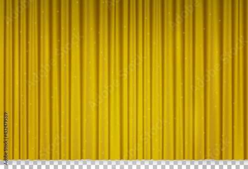 Golden velvet curtain in theater or cinema. Vector realistic closed yellow stage curtains with shimmer and sparkles. Gold fabric drapes with glitter in opera isolated on transparent background