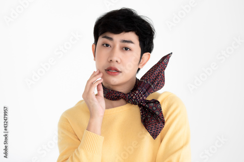 Portrait of transgender man LGBTQ being as woman gesture posing with gorgeous cheerful manner and self-confidence isolated on white background