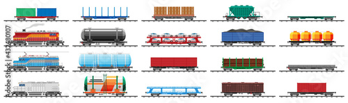 Set of train cargo wagons, cisterns, tanks and cars. Railroad freight collection. Flatcar, boxcar, car carriage. Industrial carriages, side view. Cargo rail transportation. Flat vector illustration
