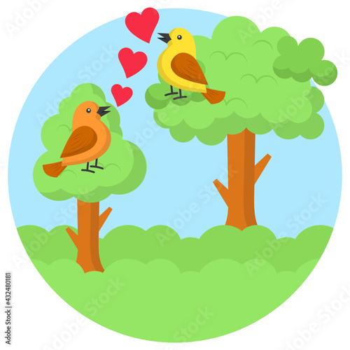 Birds on tree Concept, Parrot on Branch on GrasslandVector Color Icon Design, Nature Lover Symbol, Heart in nature Stock illustration, Beautiful Landscape scenery Ideas in Round Shape,