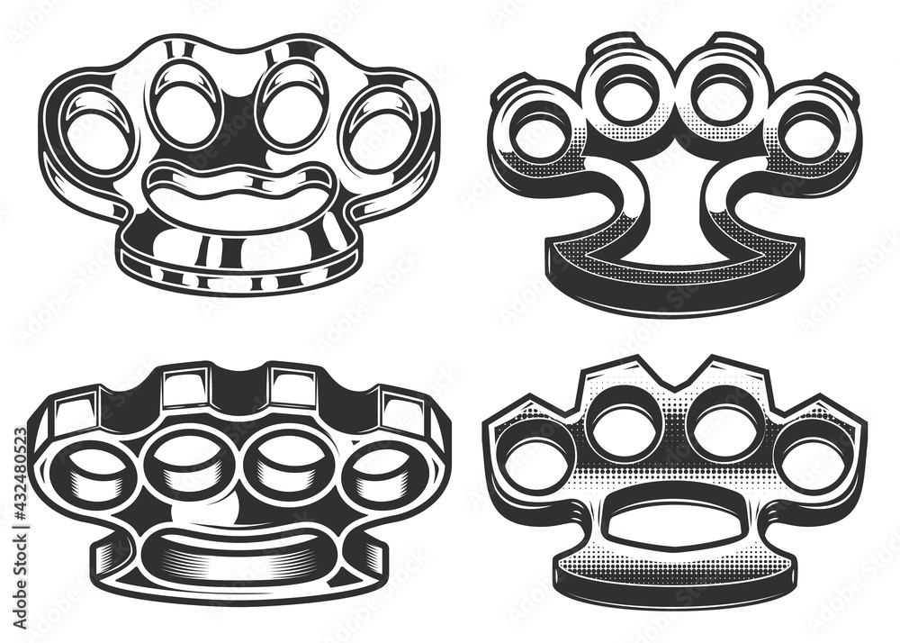 Set of illustrations of brass knuckle. Design element for logo, label, sign, emblem. Vector illustration Set of illustrations of brass knuckle. Design element for logo, label, sign, emblem. Vector illustration