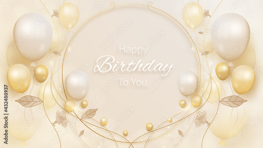Birthday card with luxury balloons and gold ribbon 3d style realistic on hand drawn style floral background. vector illustration for design.