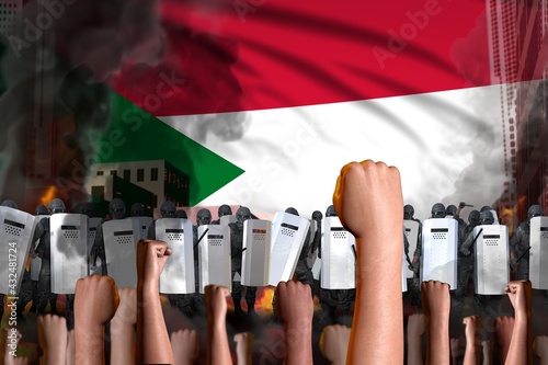 Protest in Sudan - police special forces stand against the angry crowd on flag background, mutiny fighting concept, military 3D Illustration