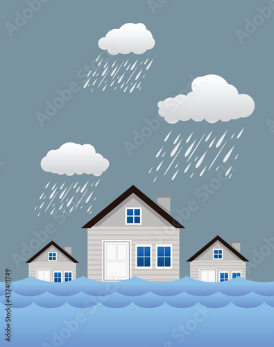 Flood natural disaster with house, heavy rain and storm , damage with home, flooding water in city