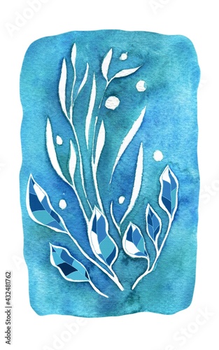 Botanical watercolor leaves and seaweed in blue colors. Hand drawn vertical illustration in high resolution for design, textures, decor, textiles, fabrics banners, templates