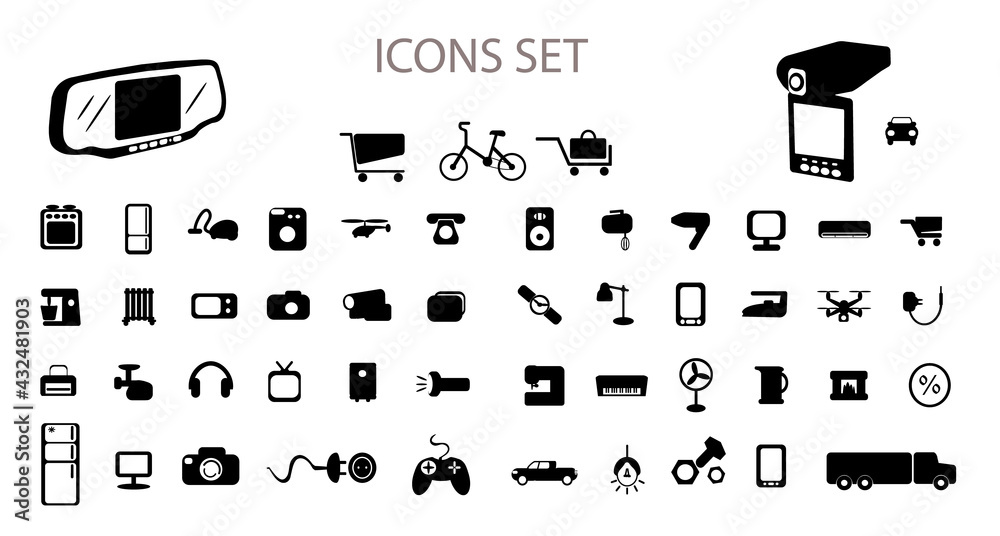 Set of black icons on a white background. Electrical appliances. Video ...
