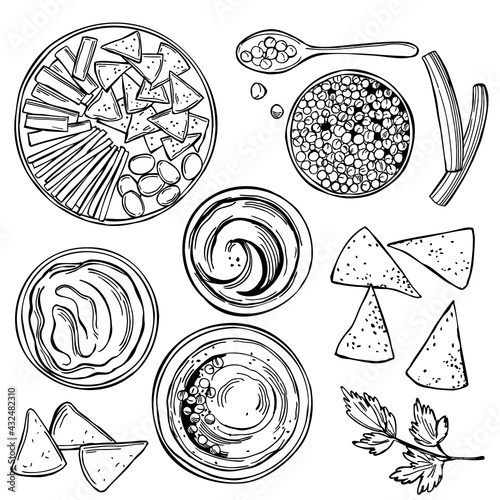 Hummus cooking and ingredients for hummus.  Vector illustration.