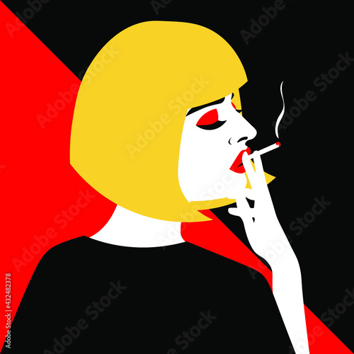 Young woman model in profile in pop art style. Sexy girl for advertising with bright hair.