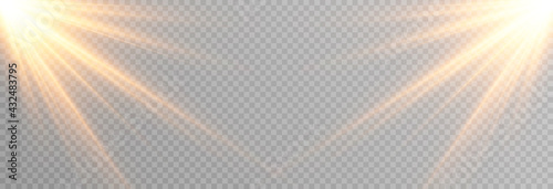 Vector golden light. Sun, sun rays, dawn, star, flare png. Golden Star. Golden flash png. Vector image.