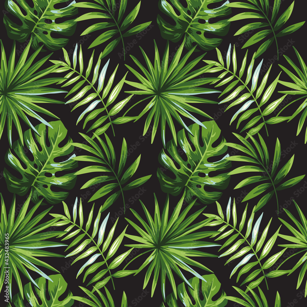 Tropical Green palm leaves, jungle leaves seamless vector pattern Isolated on Black background.