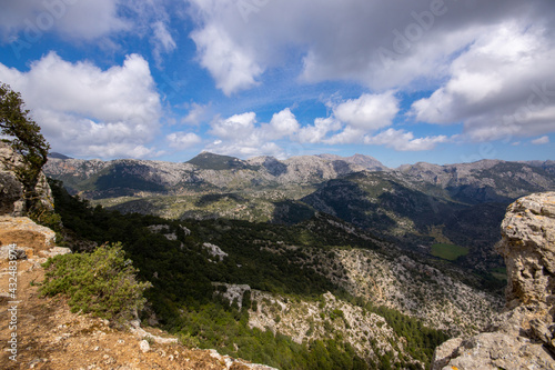 Panoramic view from Puig d'Alaro on the Serra de Tramuntana, island of Majorca, with blue sky © anjahennern