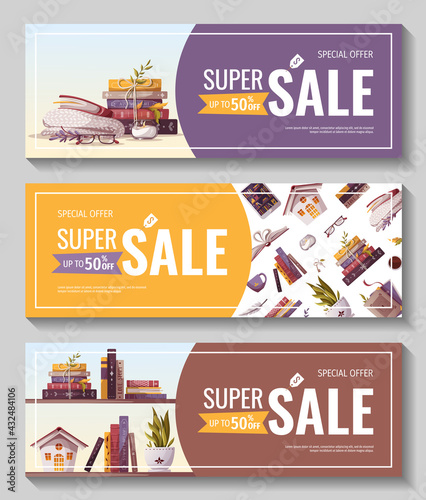 Promo sale banners for bookstore, bookshop, library, book lover, e-book, education. Vector illustration for poster, banner, advertising, flyer.