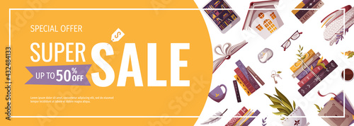 Promo sale banner for bookstore, bookshop, library, book lover, e-book, education. Vector illustration for poster, banner, advertising, flyer.