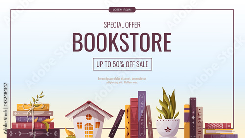 Bookshelf with books, decorative house, potted plant. Bookstore, bookshop, book lover concept. Vector illustration for poster, banner, advertising, flyer.
