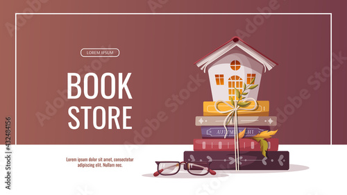 Promo banner for bookstore, bookshop, library, book lover, education. Vector illustration for poster, banner, advertising, flyer.