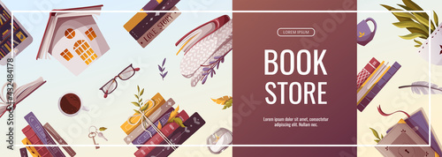 Promo banner for bookstore, bookshop, library, book lover, e-book, education. Vector illustration for poster, banner, advertising, flyer.