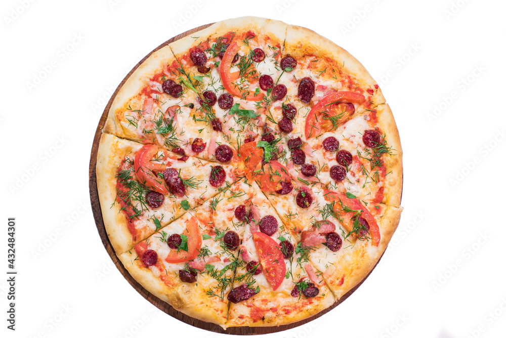 Bavaria pizza on wooden tray isolated on white background Bavaria pizza on wooden tray isolated on white background
