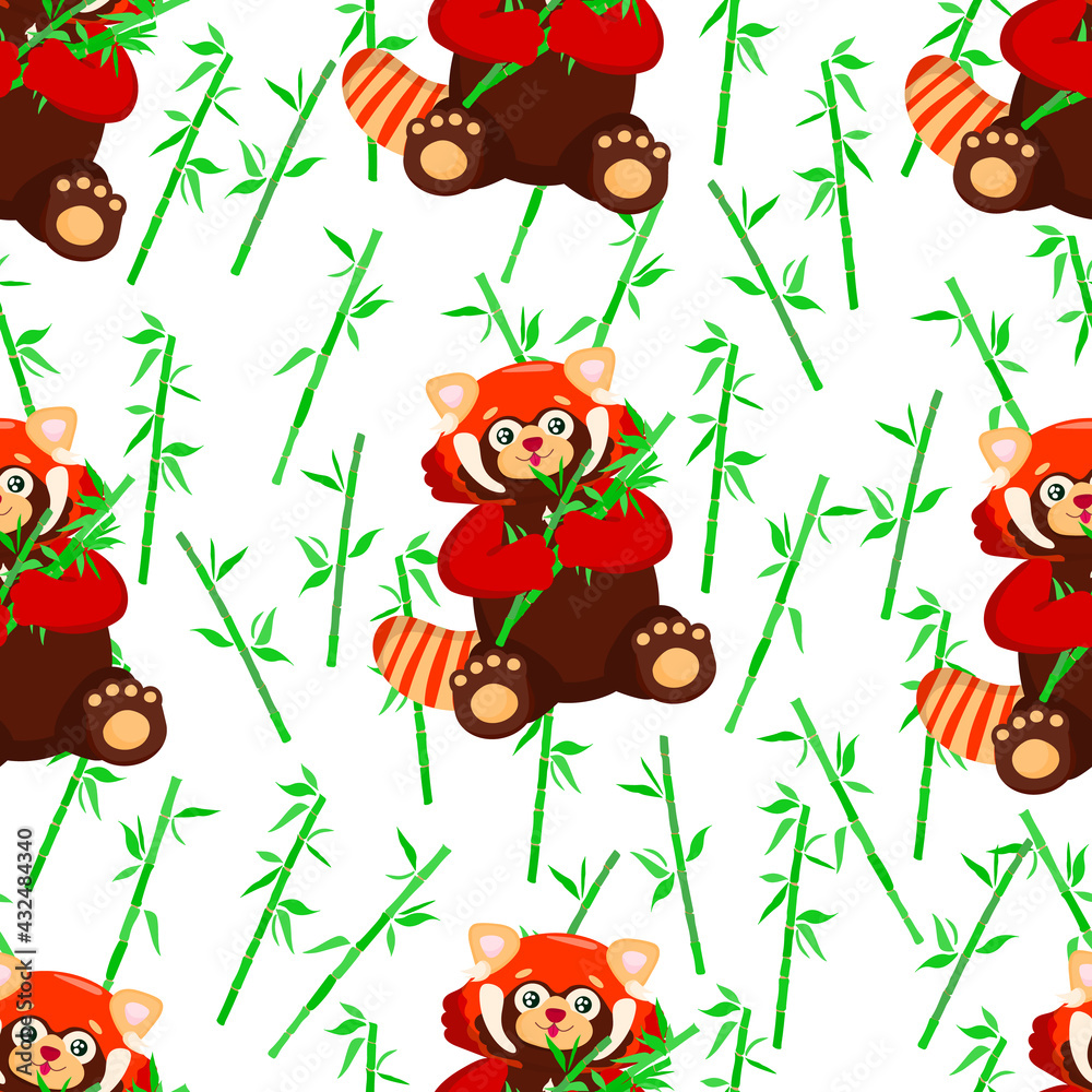 Naklejka premium seamless pattern with sitting cute red panda with bamboo. little panda. Pattern with Ailurus fulgens on white background.