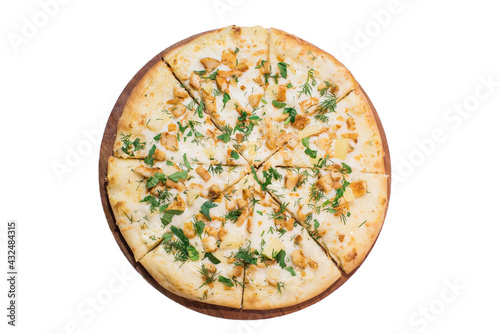 Tasty Hawaii pizza on wooden plank isolated on white background