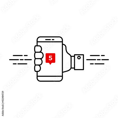 Hand holding smartphone with notification sign. Multitasking concept. Device screen with a message. Information overload. Important reminder phone notice. Vector thin line illustration, flat, clip art