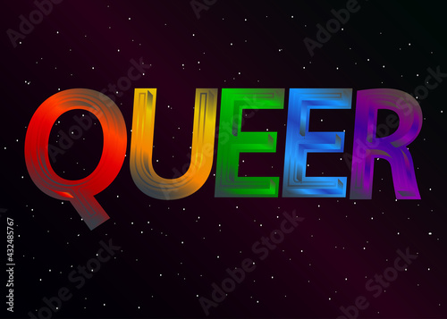 QUEER text on space background. Colorful rainbow style LGBTQ+ related word on dark space background with small stars. Concept of lesbian, gay, bisexual, transsexual and queer.