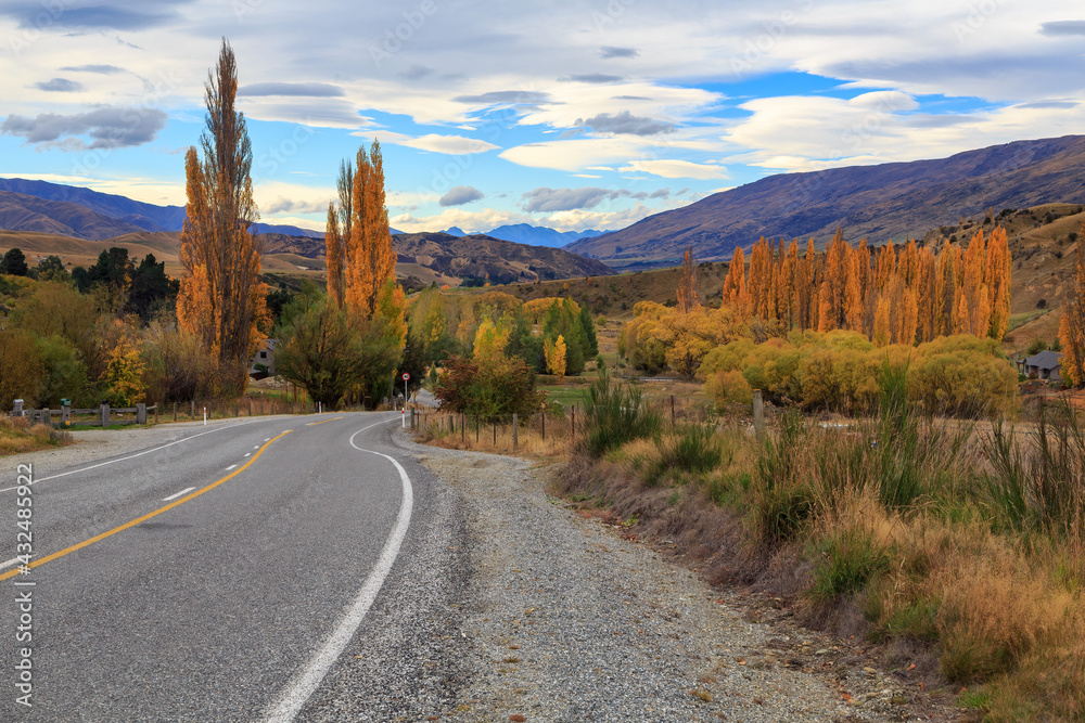A road in the Cardrona Valley, South Island, New Zealand, in autumn