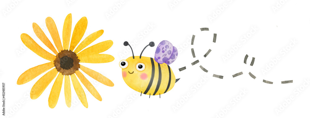 Cute watercolor bumblebee flying to a daisy flower. Apiary banner invitation.