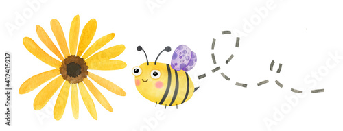 Fotografija Cute watercolor bumblebee flying to a daisy flower