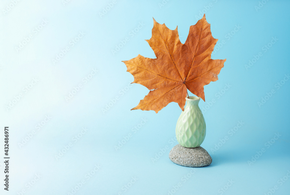Dry Autumn Leaf in Ceramic Little Cute Vase standing on Gray Stone. Fall, Relaxing, Ecology and Save Nature Beautiful Peaceful thematic photo.