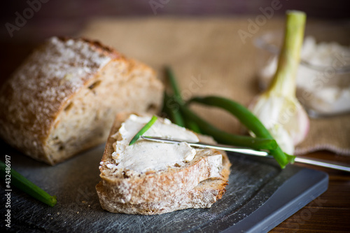 Homemade buckwheat bread with garlic cheese spread