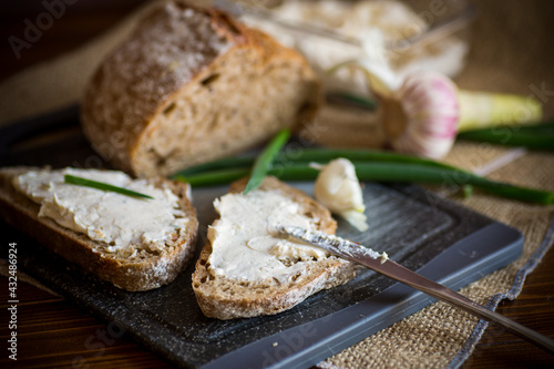 Homemade buckwheat bread with garlic cheese spread
